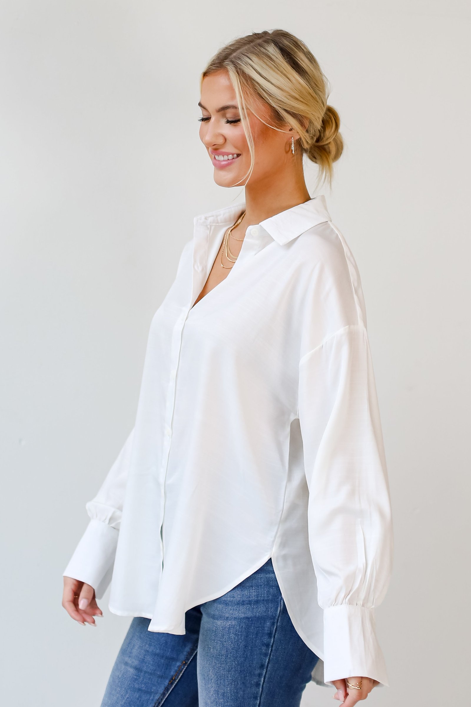 Elevated Adoration Satin Button-Up Blouse