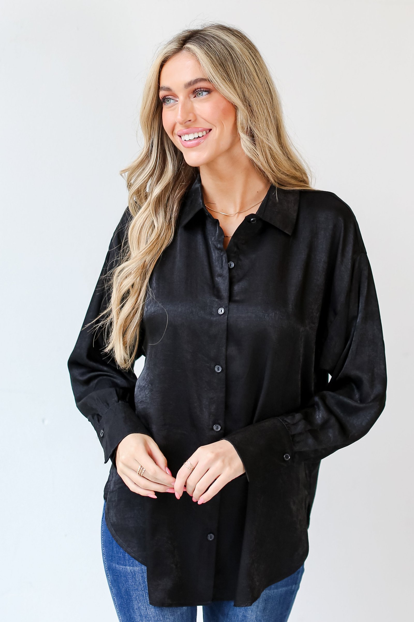 Elevated Adoration Satin Button-Up Blouse