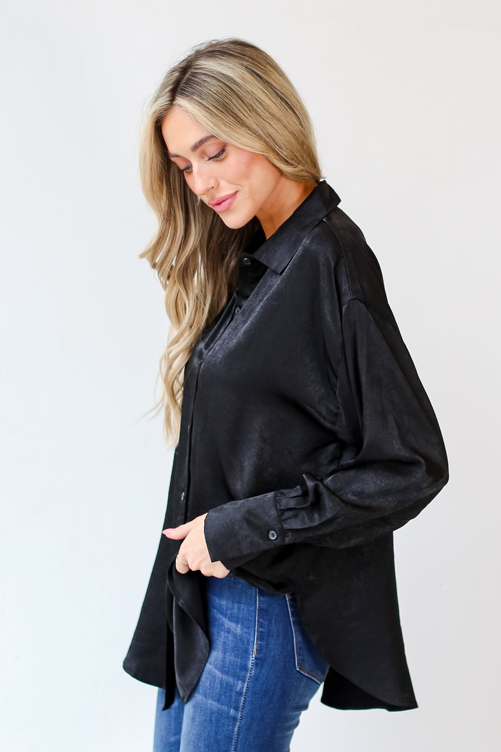 Elevated Adoration Satin Button-Up Blouse