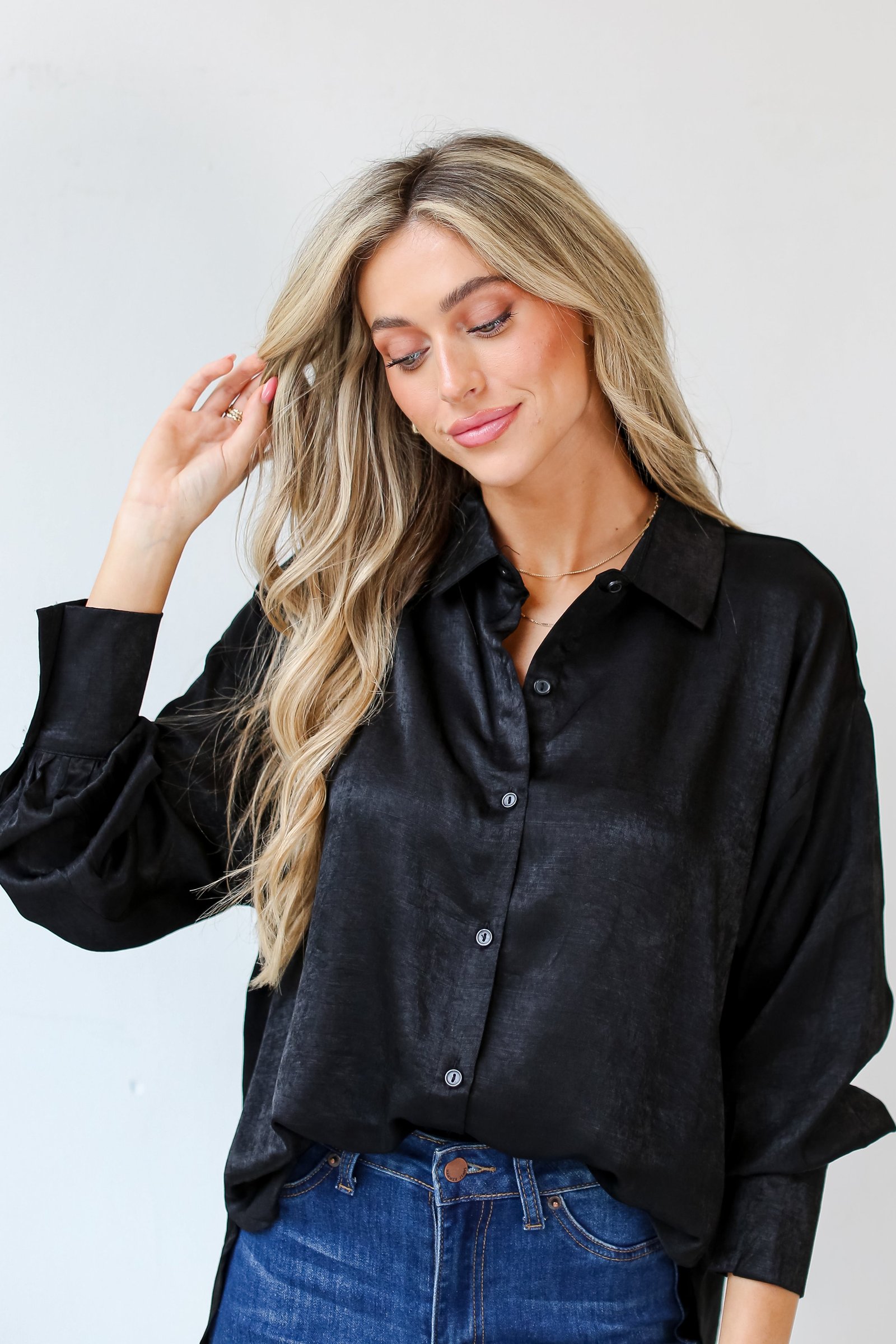 Elevated Adoration Satin Button-Up Blouse