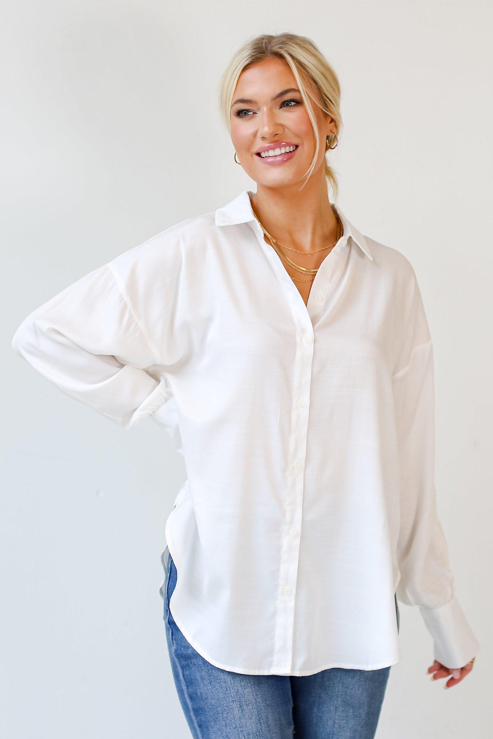 Elevated Adoration Satin Button-Up Blouse