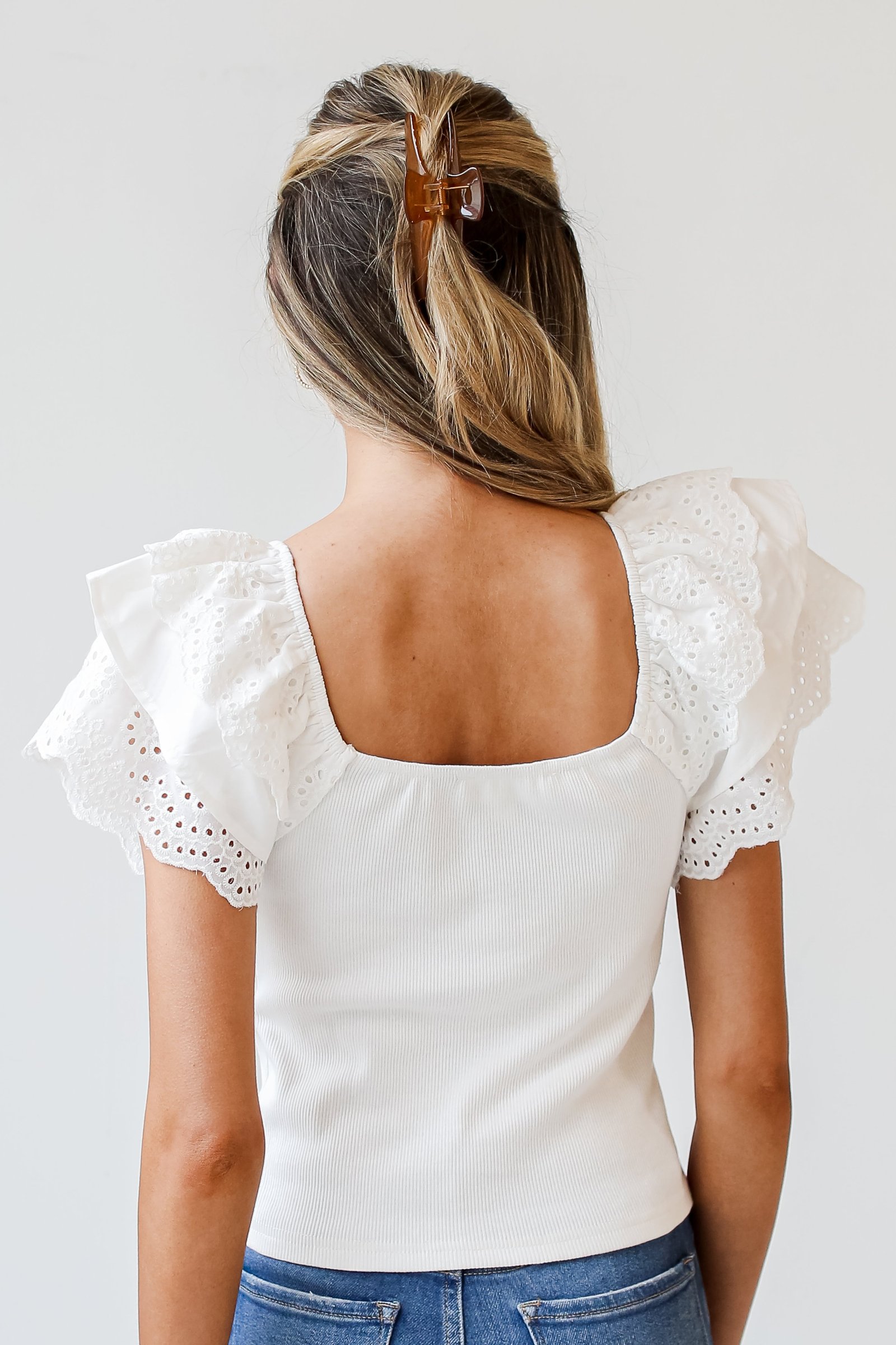 Famous Charm Eyelet Ruffle Sleeve Top