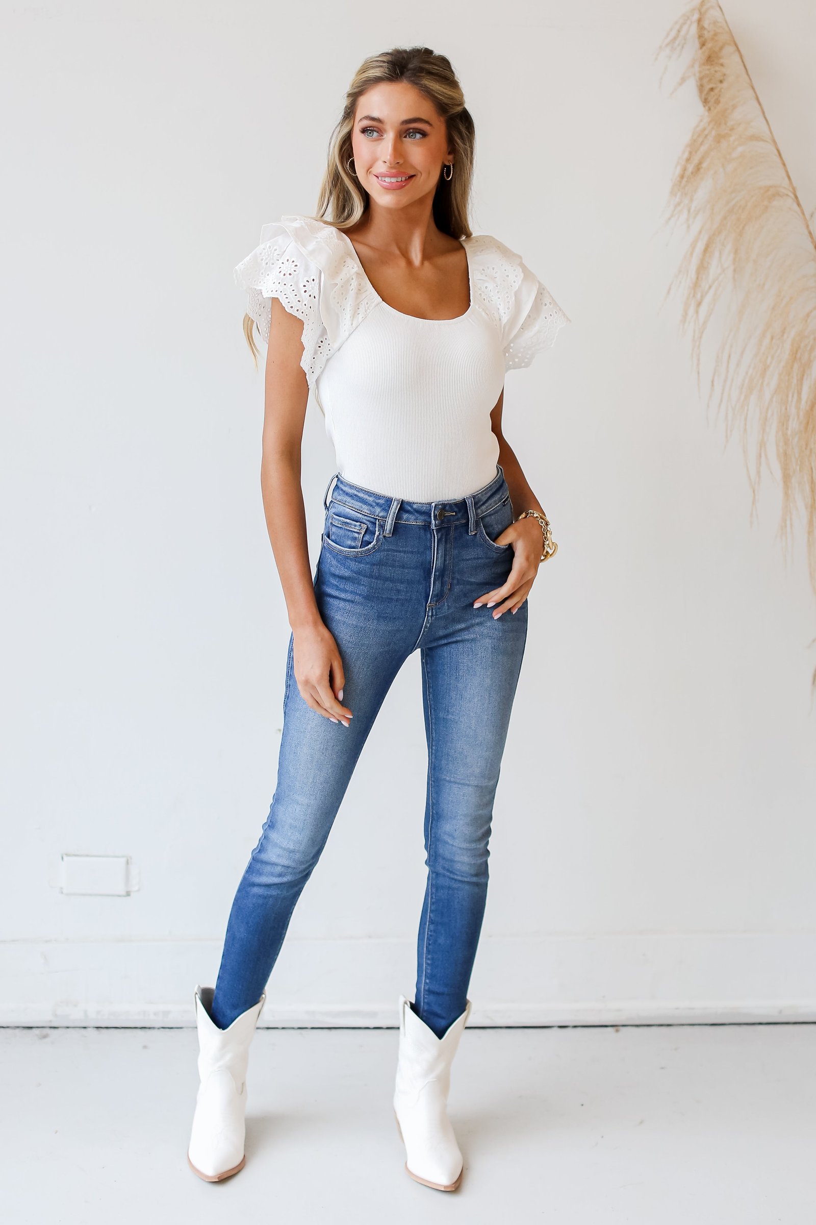 Famous Charm Eyelet Ruffle Sleeve Top